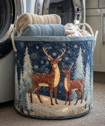Snowflake Reindeer Quilted Hamper — Winter Collapsible Laundry Basket With Handles, Festive Snowflake & Reindeer Storage For Home Decorating