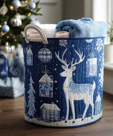 Snowflake Serenade Quilted Laundry Hamper - Elegant Winter Snowflake Fabric Basket, Collapsible & Lined For Holiday Home Organization