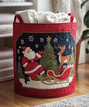 Snowflake Symphony Quilted Hamper — Holiday Quilted Fabric Laundry Basket With Handles, Decorative & Collapsible Winter Storage Bin