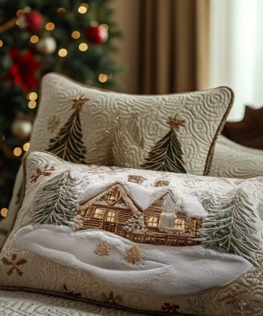 Snowlight Cabin Quilted Pillow Cover - Rustic Winter Decorative Pillowcase For Cabin, Lodge Or Home, Soft Cozy Accent