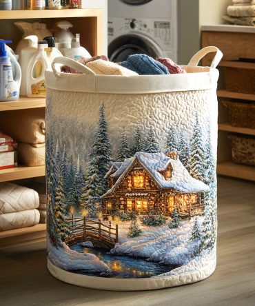 Snowlight Cabin Quilted Laundry Hamper — Cozy Winter Foldable Basket With Handles , Soft Quilted Organizer For Home & Cabin