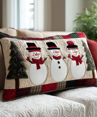 Snowman Cheer Quilted Pillow Cover - Playful Snowman Christmas Throw Pillow Sham For Holiday Decor, Kids Rooms & Mantel