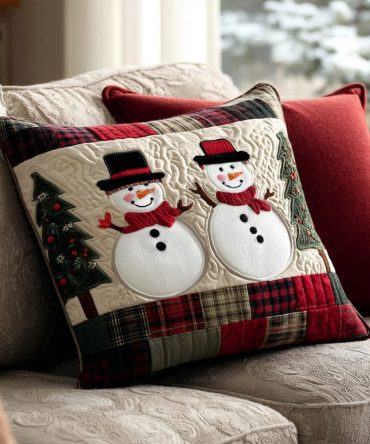 Snowman Cheer Quilted Pillow Cover — Whimsical Holiday Snowman Throw Pillow Case, Quilted Winter Sham With Hidden Zipper, Cozy Seasonal Accent