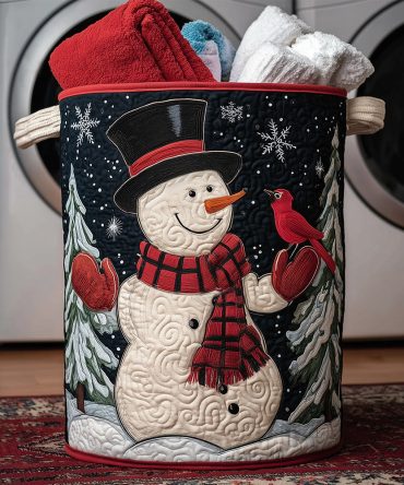 Snowman Birdie Love Quilted Laundry Hamper — Cute Foldable Storage Basket, Soft Quilting, Reinforced Handles, Seasonal Home Accent