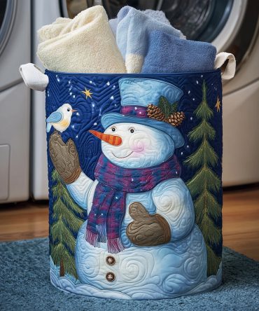 Snowman Cardinal Quilted Laundry Hamper — Unique Holiday Storage Basket With Cozy Quilting, Reinforced Base & Portable Handles