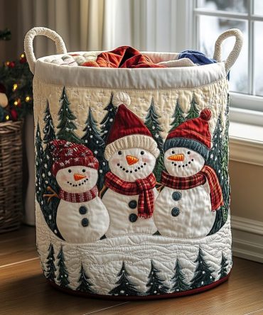 Snowman Dreams Quilted Laundry Hamper — Soft Fabric Holiday Storage Basket With Handles, Collapsible Design & Easy-Care Liner For Kids