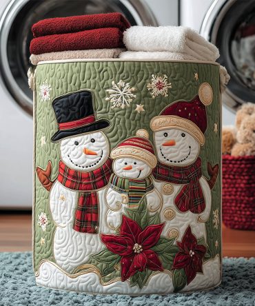 Snowman Family Quilted Laundry Hamper — Festive Large-Capacity Basket With Durable Fabric, Comfortable Handles & Foldaway Design