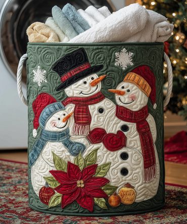 Snowman Family Time Quilted Laundry Hamper — Large Decorative Holiday Basket With Padded Sides & Portable Handles