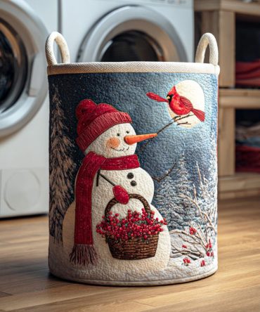 Snowman Forest Night Quilted Laundry Hamper — Decorative Winter Laundry Basket With Reinforced Base, Collapsible Storage For Home & Kids