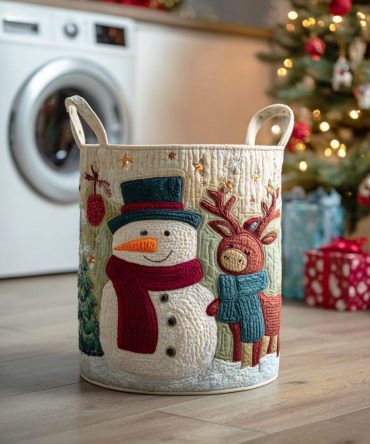 Snowman Frost Path Quilted Laundry Hamper - Winter Frost Snowman Print Foldable Fabric Storage Basket For Clothes & Linens