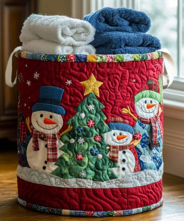 Snowman Haven Quilted Fabric Laundry Hamper — Winter Snowman Decorative Washable Clothes Basket With Handles, Foldable Holiday Storage