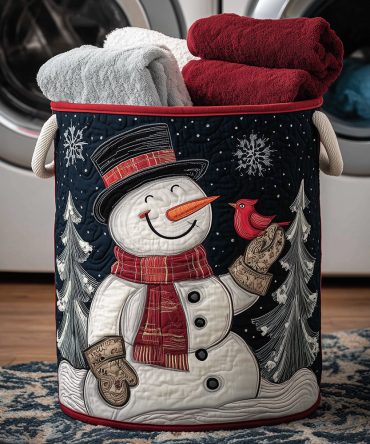 Snowman Joy Carrier Quilted Laundry Hamper — Festive Foldaway Storage Basket, Durable Quilting, Comfortable Handles, Holiday Organizer