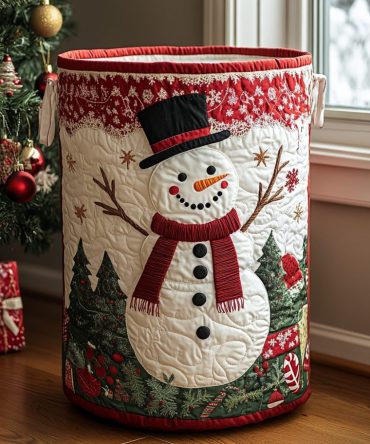 Festive Snowman Quilted Hamper — Decorative Holiday Fabric Laundry Basket With Handles, Foldable Spacious Storage For Home