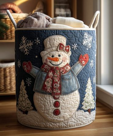 Snowman Joy Quilted Laundry Hamper – Festive Collapsible Fabric Basket, Holiday-Themed Laundry Organizer With Comfortable Handles