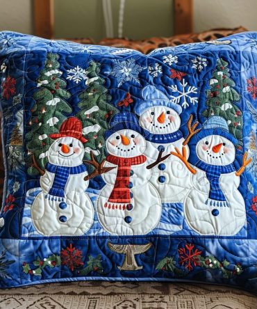 Snowman Joy Quilted Accent Pillow Cover — Cheerful Snowman Throw Pillowcase For Holiday Living Room & Kids' Spaces