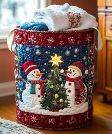 Snowman Smile Quilted Fabric Laundry Hamper — Cheerful Washable Clothes Bin With Handles For Holiday Decor, Foldable & Durable Organizer