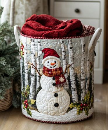 Snowman Snowy Joy Quilted Laundry Hamper – Festive Snowman Print, Quilted Holiday Laundry Basket, Foldable Decorative Storage Bin