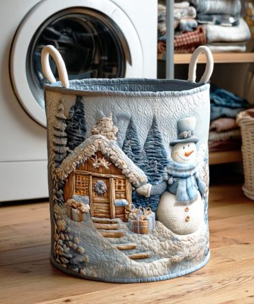 Snowman Winter Light Quilted Laundry Hamper — Collapsible Decorative Laundry Basket For Seasonal Room Decor, Durable & Easy To Carry