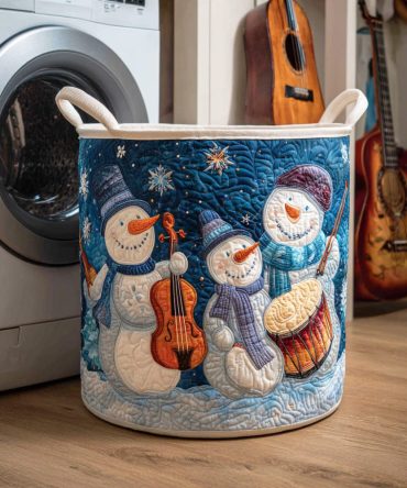 Snowman Winter Tale Quilted Laundry Hamper - Cheerful Snowman Scene Foldable Fabric Storage Basket With Handles For Seasonal Use