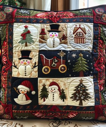 Snowmen Delight Quilted Pillow Cover - Cute Christmas Snowman Throw Pillowcase For Sofas, Beds & Kids' Rooms , Soft, Washable & Durable