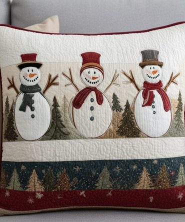 Snowy Friends Holiday Quilted Pillow Cover — Festive Winter Throw Pillowcase With Cute Snowman Details For Seasonal Home Decor