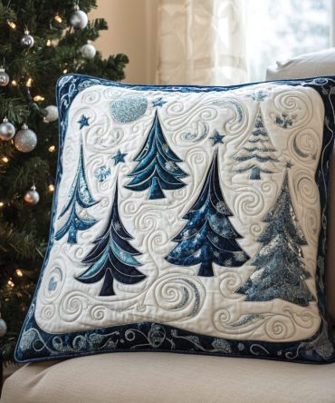 Snowy Pine Holiday Quilted Pillow Cover — Festive Winter Decorative Throw Case With Pine & Snow Motif, Cozy Quilted Accent For Holidays