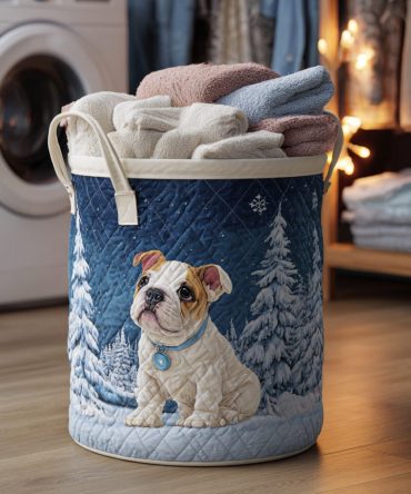 Snowy Bulldog Pup Quilted Laundry Hamper — Cute Puppy Quilted Storage Basket, Foldable & Washable With Sturdy Carry Handles