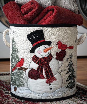 Snowy Cardinal Joy Quilted Laundry Hamper — Festive Large Storage Basket With Padded Quilting, Sturdy Handles & Collapsible Design
