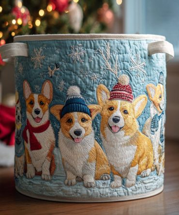 Snowy Corgi Quilted Laundry Hamper — Cute Foldable Laundry Basket With Sturdy Handles, Machine-Washable Liner & Kid-Friendly Design