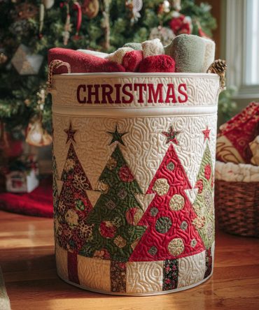Snowy Eve Quilted Laundry Hamper – Winter Scene Quilted Fabric Basket With Handles, Collapsible & Decorative Storage