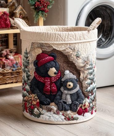 Snowy Forest Bear Quilted Laundry Hamper — Winter Forest Bear Design, Collapsible Large Fabric Laundry Basket With Handles For Cozy Home Storage