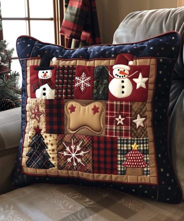 Snowy Friends Quilted Pillow Cover — Whimsical Winter Animal Throw Pillow Case, Festive Decorative Accent For Home & Cabin