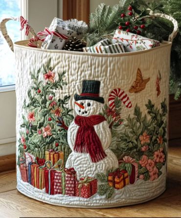 Snowy Glow Quilted Laundry Hamper - Elegant Winter-Themed Foldable Basket With Padded Sides, Durable Handles & Decorative Storage For Home