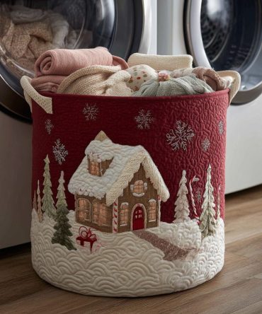 Snowy House Quilted Laundry Basket — Cozy Winter Cottage Fabric Hamper With Handles, Foldable Storage For Home & Holiday Rooms