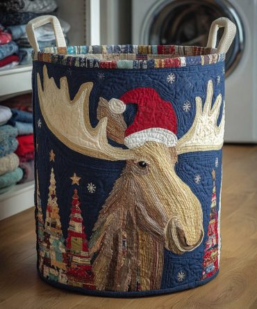 Plaid Moose Quilted Hamper — Classic Plaid & Moose Print Quilted Fabric Laundry Basket With Handles, Foldable Rustic Storage For Cabin Or Home