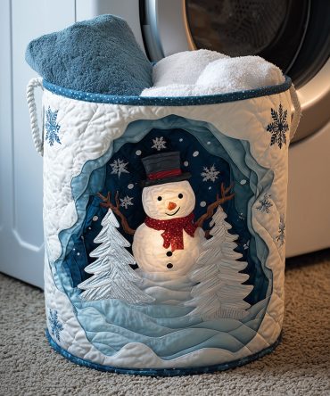 Snowy Night Quilted Laundry Hamper – Cozy Winter Print Fabric Basket, Foldable Heavy-Duty Clothes Organizer With Handles For Seasonal Decor