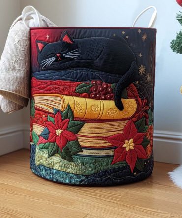 Snowy Night Stories Quilted Cat Laundry Hamper — Winter-Themed Fabric Storage Basket For Cozy Nursery & Kids Room Organization