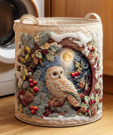 Snowy Owl Quilted Laundry Hamper – Elegant White Owl Motif Foldable Laundry Basket With Handles For Closet & Nursery