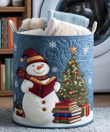 Snowy Reader Quilted Laundry Hamper — Cozy Foldable Storage Basket, Quilted Finish, Reinforced Handles, Stylish Nursery & Home Organizer