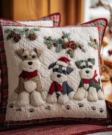 Snowy Schnauzer Quilted Pillow Cover — Cozy Schnauzer Dog Throw Pillow Case For Winter Décor, Pet-Lover Friendly Accent, Giftable Design