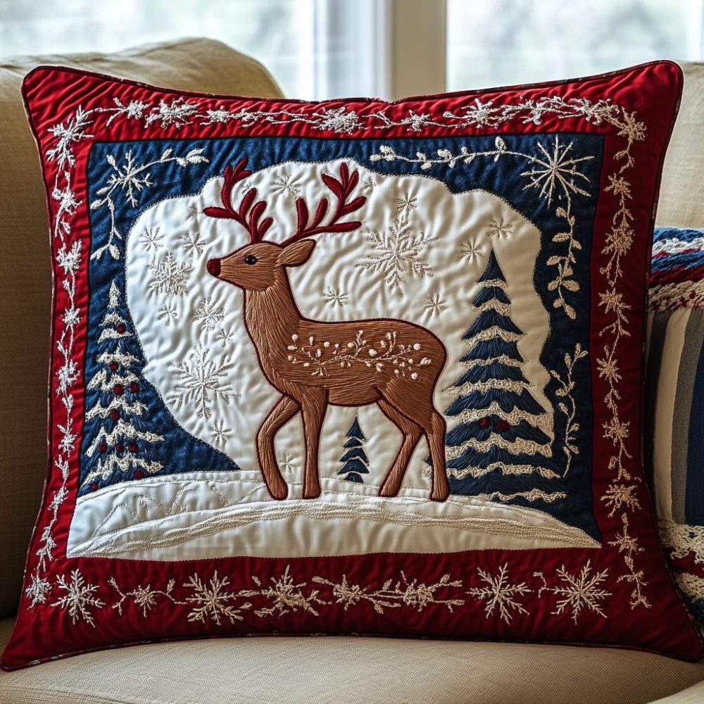 Snowy Stag Quilted Pillow Cover — Elegant Deer Motif Quilted Throw Pillowcase For Rustic Winter & Holiday Lodge Vibes