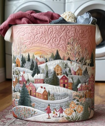 Snowy Town Quilted Laundry Hamper — Charming Winter Scene Fabric Basket For Holiday And Everyday Storage Needs