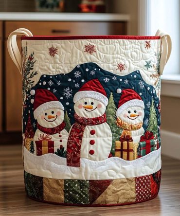 Snowy Trio Quilted Laundry Hamper - Winter-Themed Fabric Basket With Durable Handles, Foldable Storage For Home & Kids