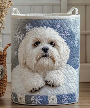 Snowy Whiskers Quilted Laundry Hamper — Winter Cat Print Quilted Collapsible Basket With Handles, Soft Liner & Machine-Washable Kid-Friendly Storage