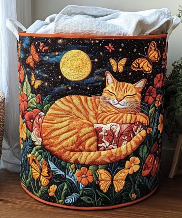 Plush Cat-Pattern Quilted Laundry Hamper — Large Foldable Fabric Basket With Reinforced Handles For Stylish Home & Dorm Storage Solutions