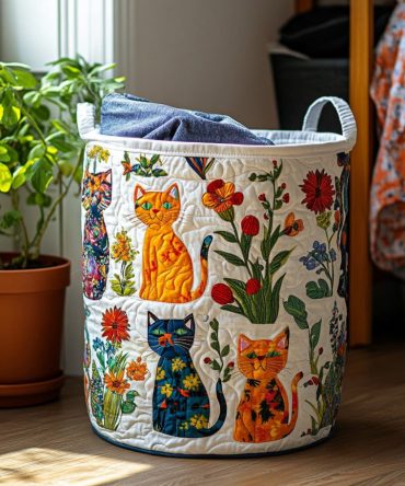 Snuggle Cats Quilted Laundry Hamper — Cozy Cat Pattern Fabric Basket, Collapsible Laundry Organizer For Bedroom & Nursery