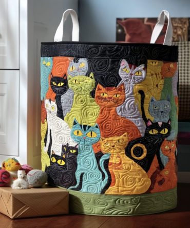 Snuggle Cat Quilted Laundry Hamper - Cozy Cat Print Fabric Organizer, Collapsible Laundry Basket For Bedrooms, Nurseries & Pet-Friendly Homes