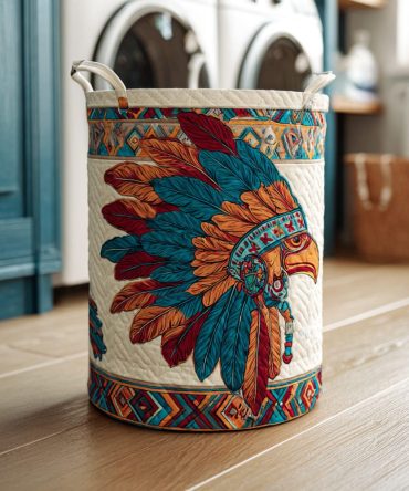 Soaring Tribal Quilted Eagle Laundry Basket — Statement Feather Hamper, Collapsible Durable Fabric Storage For Bedroom, Dorm & Gift