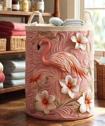Soft Flamingo Quilted Laundry Hamper — Chic Pink Washable Laundry Basket, Foldable Large Organizer With Handles For Nursery & Home