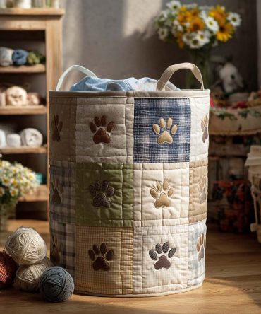 Soft Pastel Paw Quilted Laundry Hamper — Large Foldable Fabric Storage Basket With Handles, Gentle Pastel Design For Nursery & Bedroom